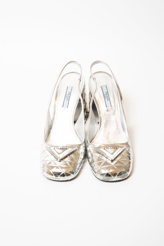 Prada Geometric Metallic Logo Triangle Pumps