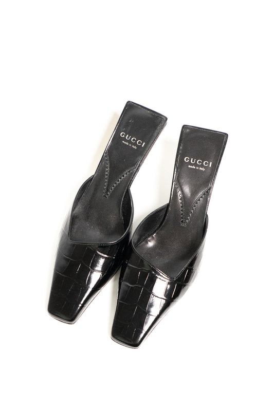 Gucci Mallory 75 Crocodile-Effect Leather Mules