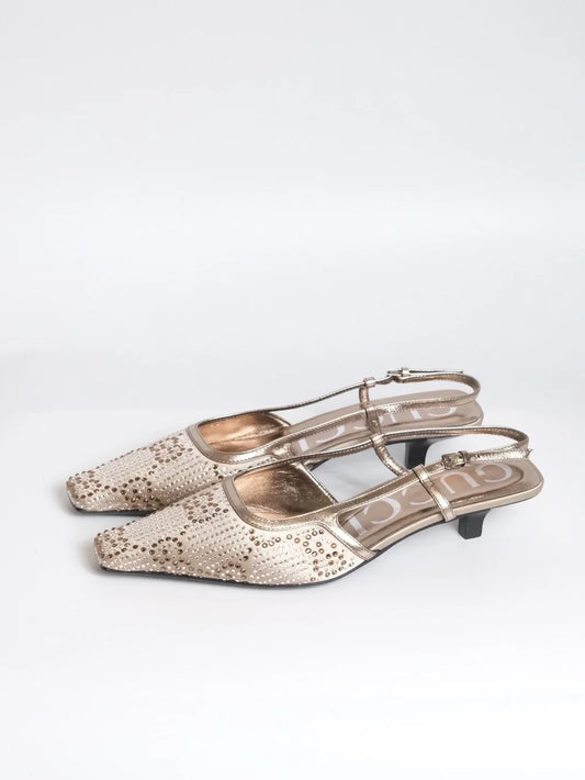 Rare Gucci Beige Crystal-Studded Slingback Mules- MENA Exclusive