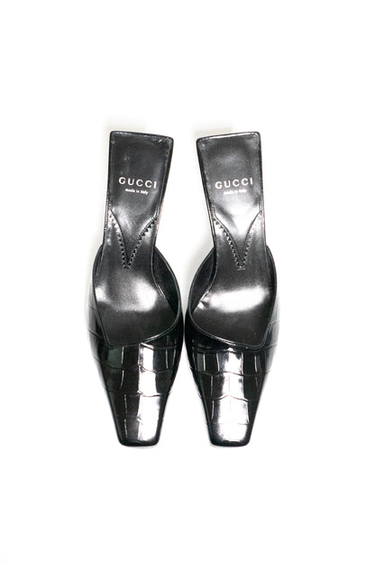 Gucci Mallory 75 Crocodile-Effect Leather Mules