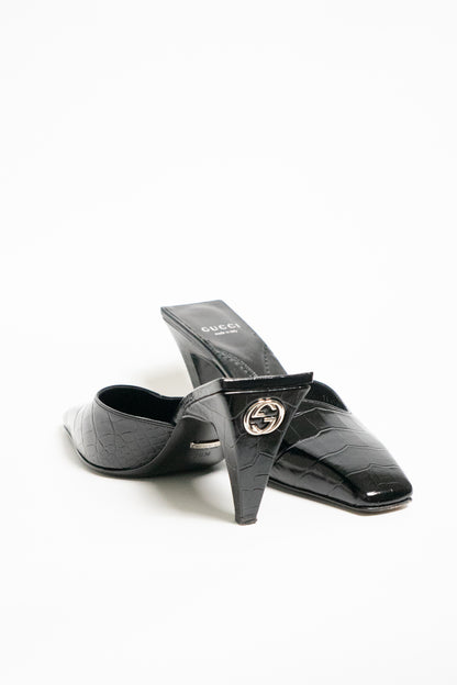 Gucci Mallory 75 Crocodile-Effect Leather Mules