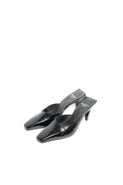 Gucci Mallory 75 Crocodile-Effect Leather Mules