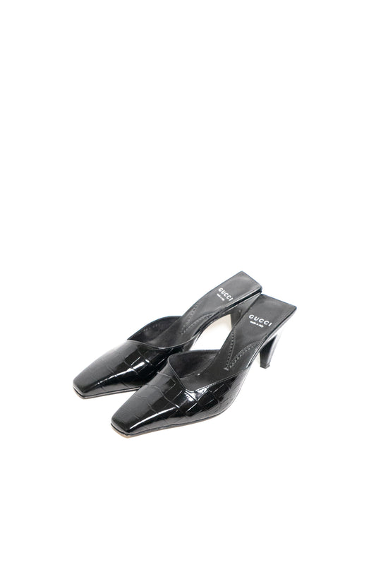 Gucci Mallory 75 Crocodile-Effect Leather Mules