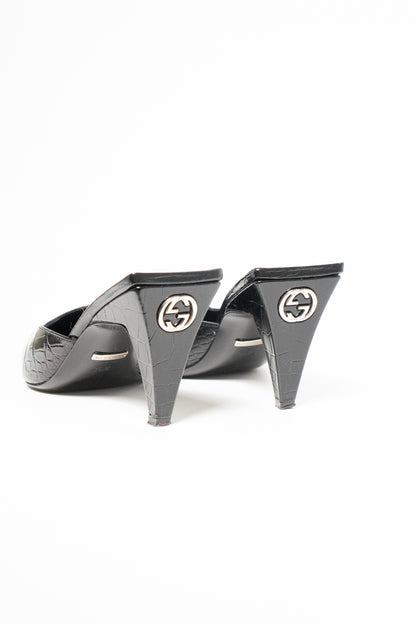 Gucci Mallory 75 Crocodile-Effect Leather Mules