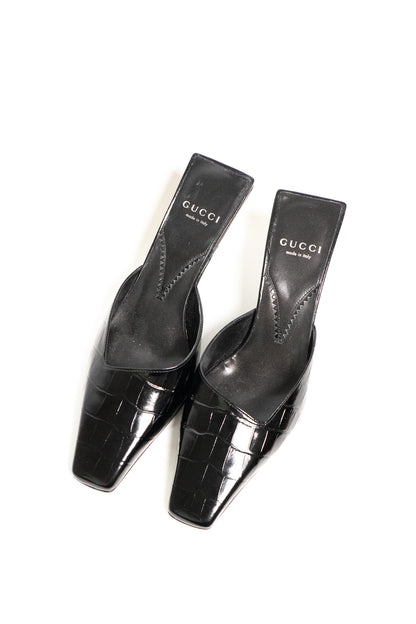 Gucci Mallory 75 Crocodile-Effect Leather Mules