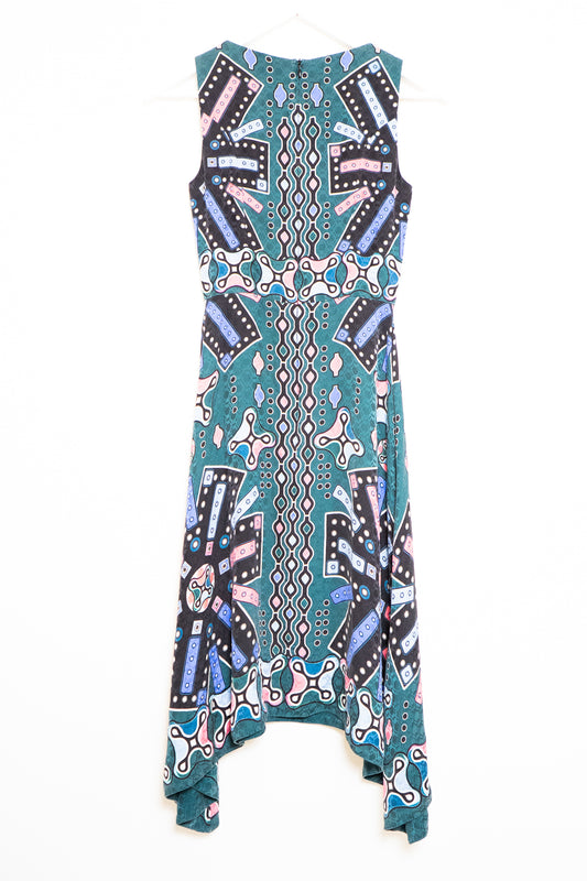 Peter Pilotto Teal Sleeveless Geometric Print Asymmetrical Dress